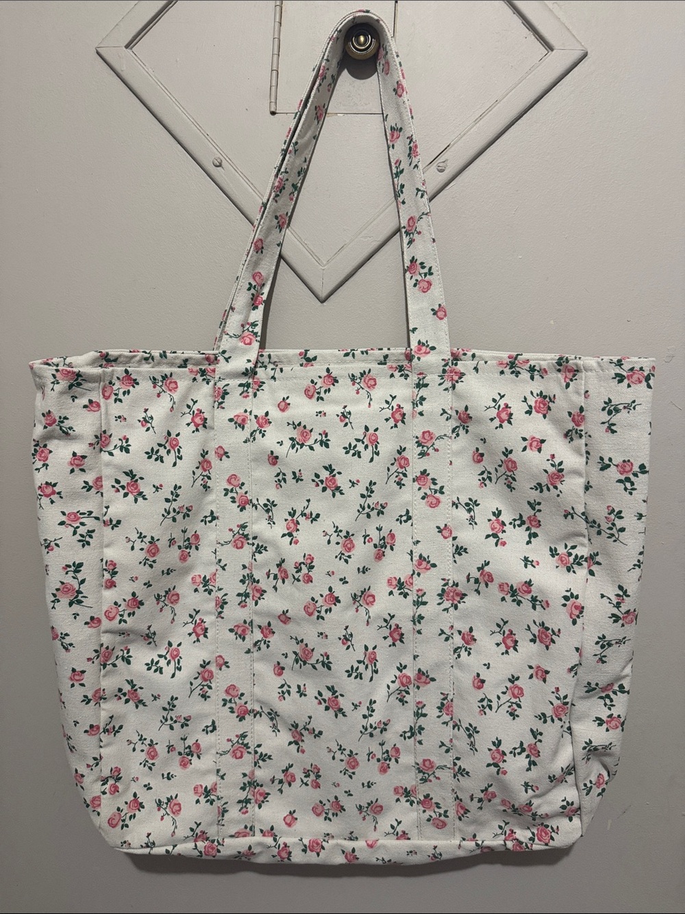 Floral Canvas Tote Bag - White with Pink Rose Print